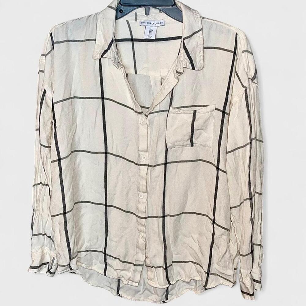 Sincerely Jules White Black Plaid Striped Button Up Long Sleeve Shirt - Size L
